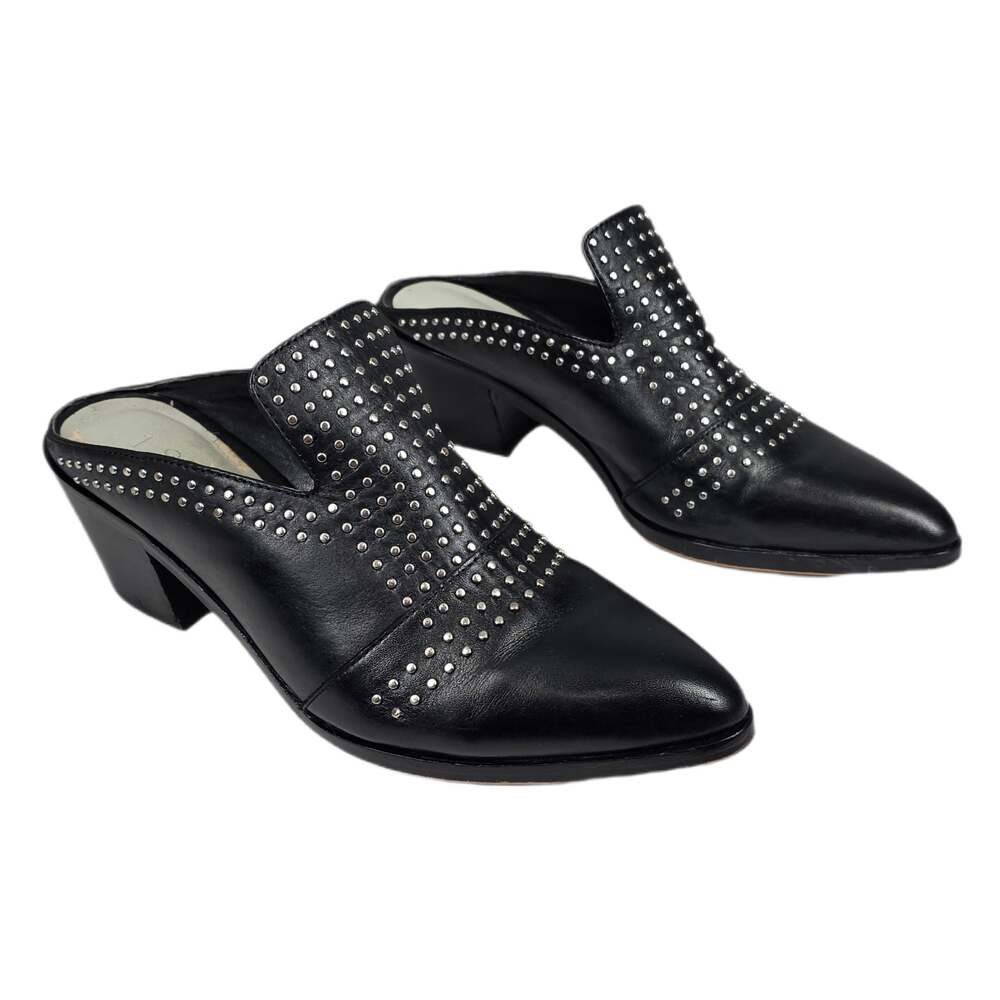 1.STATE WOMEN’S LEATHER STUDDED POINTED TOE MULES – BLACK – SIZE 6.5M – 2" HEEL